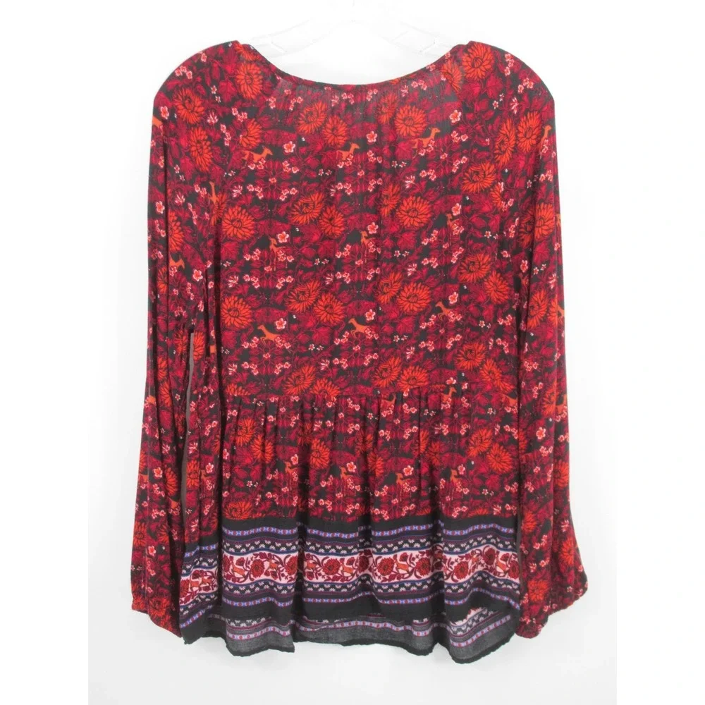 Old Navy Women Red Floral Velvet Trim Peasant Blouse Boho Tassel Top Medium